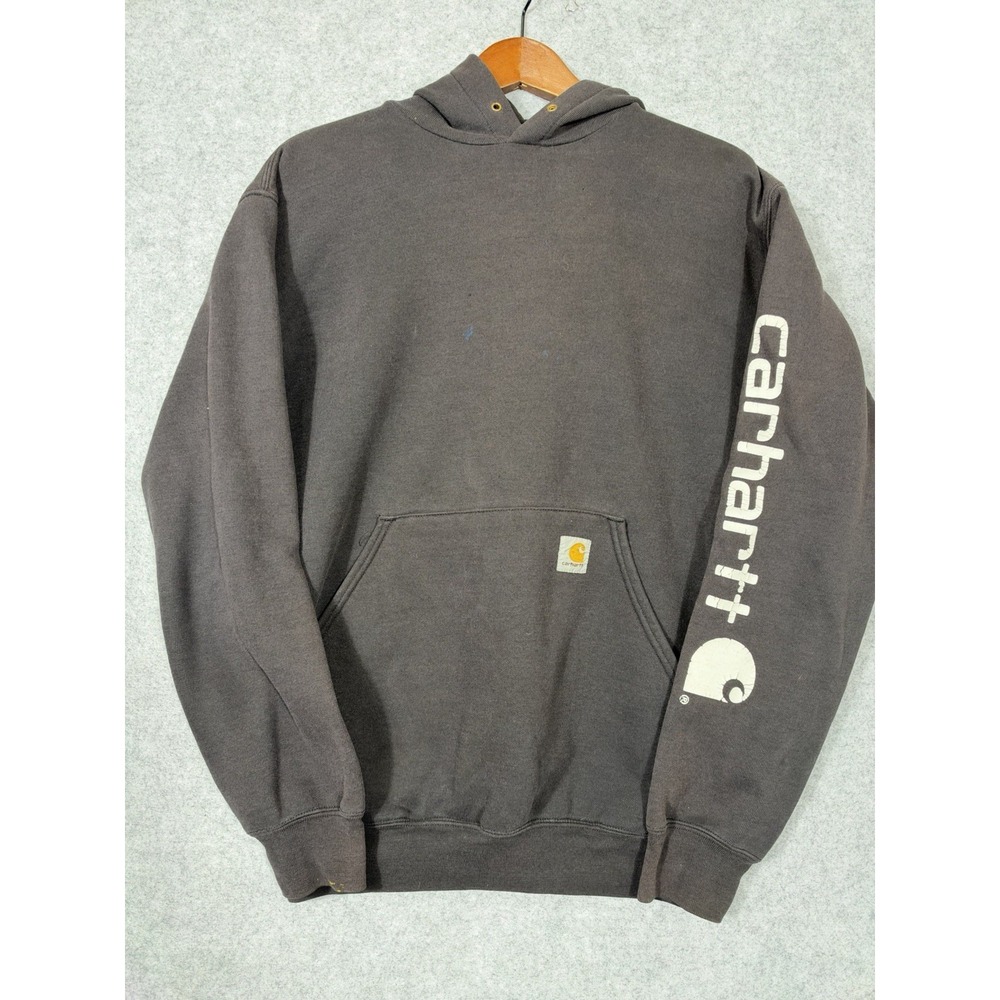 Carhartt Hoodie Mens Med Faded Blk Charcoal Gray Sleeve Logo Pullover Sweatshirt